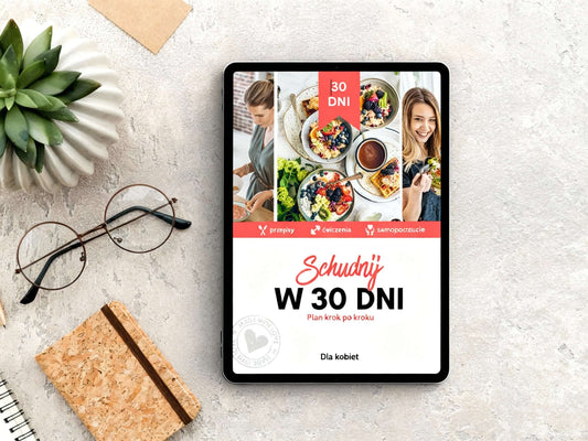 Schudnij w 30 Dni – Dla Kobiet, realny progres -eBook z planem dietetycznym na tablet, zielona roślina i okulary obok.