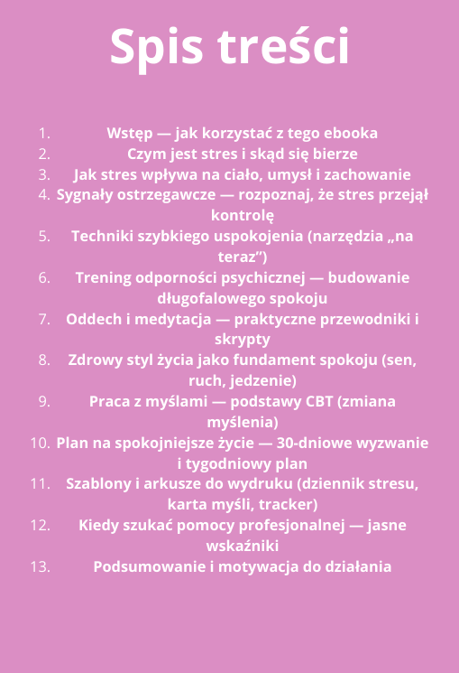 Spis treści eBooka "Jak Pokonać Stres i Odnaleźć Spokój" z tematami dotyczącymi relaksacji i zarządzania stresem.